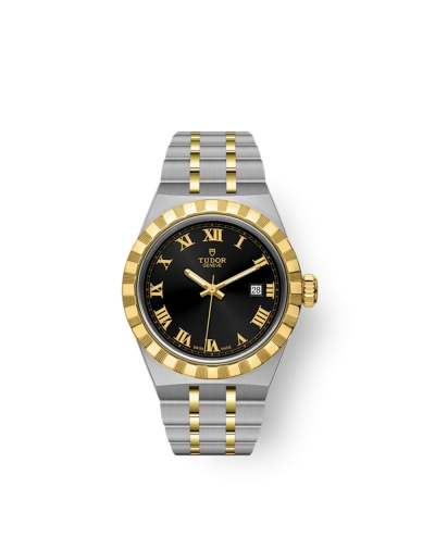 Montre Tudor Royal automatique cadran noir bracelet en acier et or jaune 18 carats 28 mm