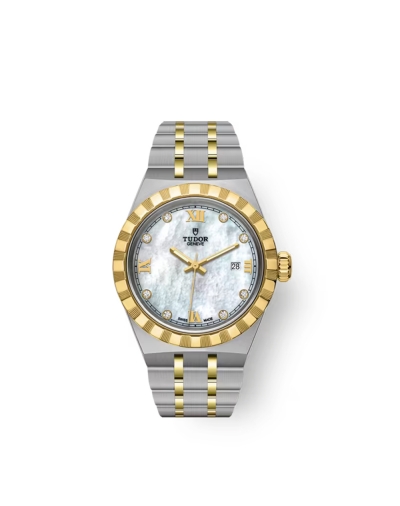 Montre Tudor Royal automatique cadran nacre blanche index diamants bracelet en acier et or jaune 18 carats 28 mm