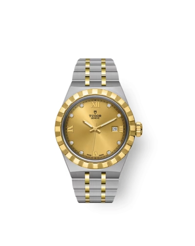 Montre Tudor Royal automatique cadran champagne index diamants bracelet en acier et or jaune 18 carats 28 mm