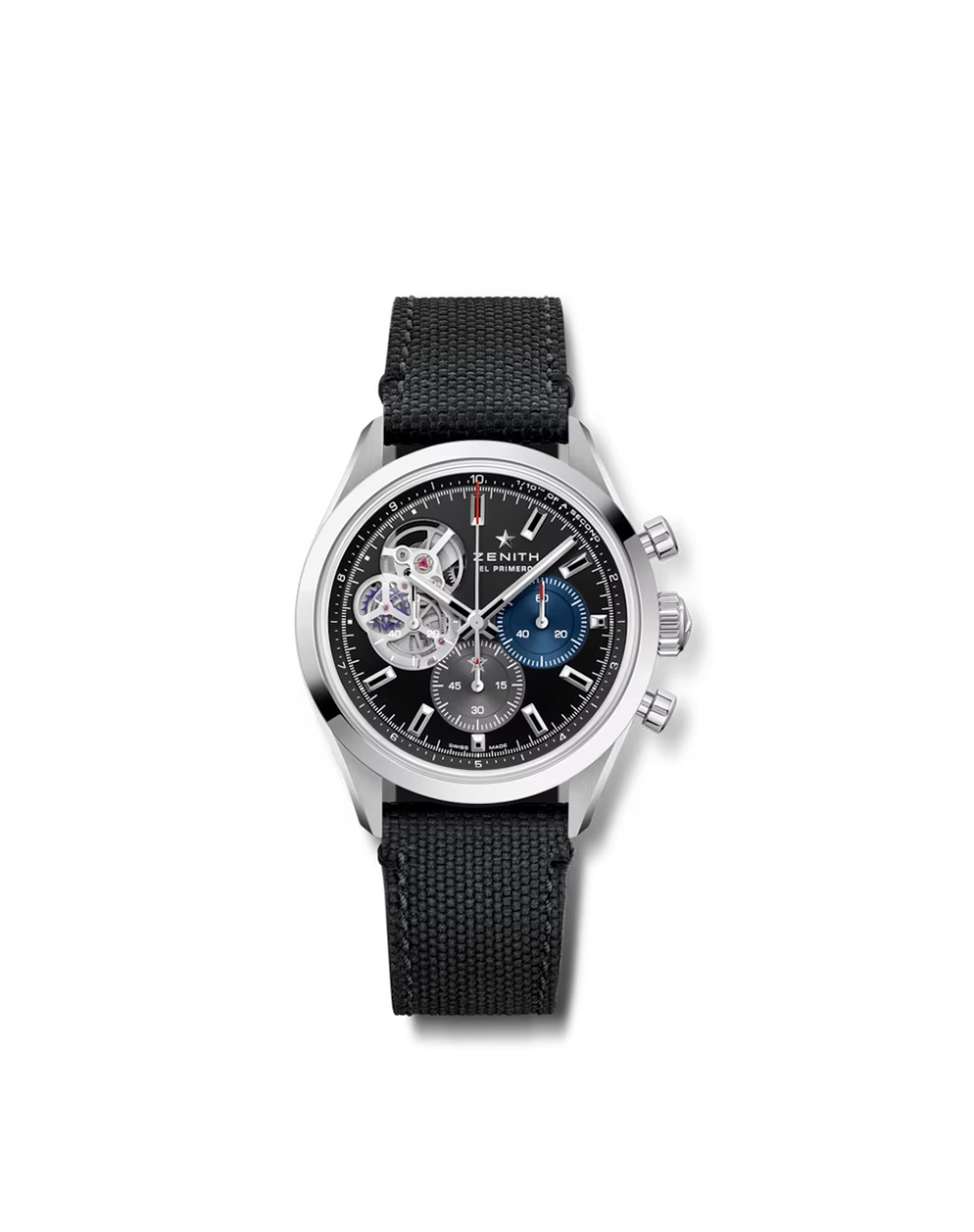 Montre Zenith Chronomaster Open automatique cadran noir mat bracelet en caoutchouc noir effet cordura 39,5 mm
