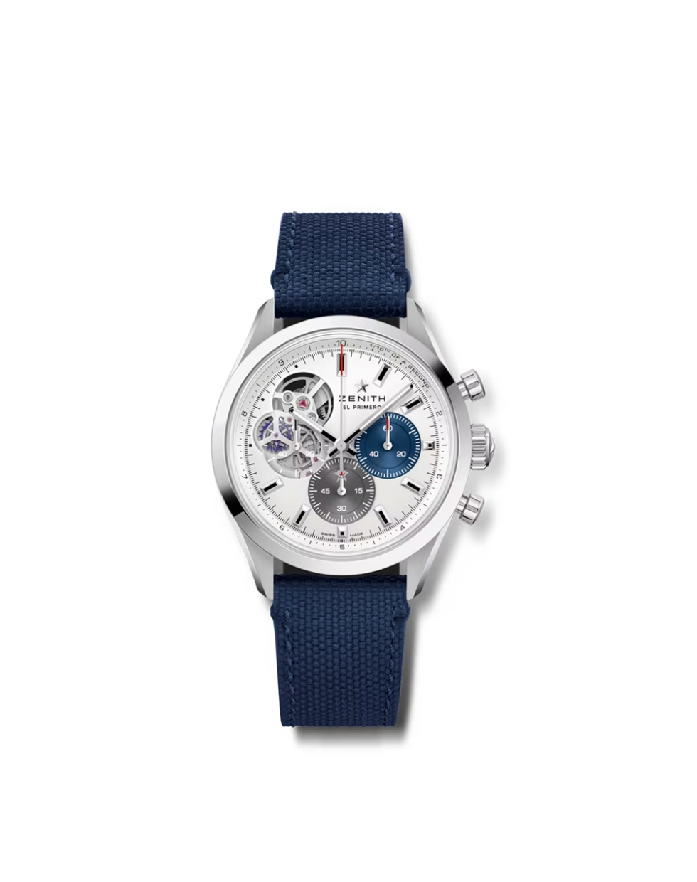 Montre Zenith Chronomaster Open automatique cadran argenté mat bracelet en caoutchouc bleu effet cordura 39,5 mm