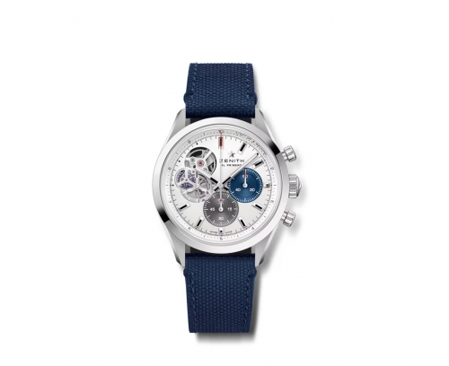Montre Zenith Chronomaster Open automatique cadran argenté mat bracelet en caoutchouc bleu effet cordura 39,5 mm