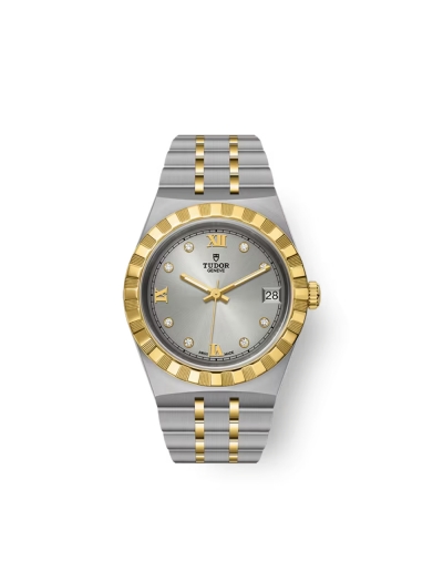 Montre Tudor Royal automatique cadran argenté index diamants bracelet en acier or jaune 18 carats 34 mm