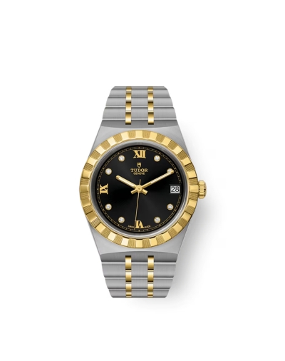 Montre Tudor Royal automatique cadran noir index diamants bracelet en acier et or jaune 18 carats 34 mm