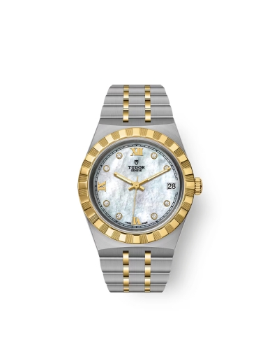 Montre Tudor Royal automatique cadran nacre blanche index diamants bracelet en acier et or jaune 18 carats 34 mm