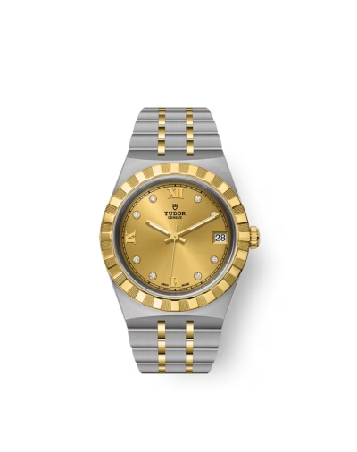 Montre Tudor Royal automatique cadran champagne index diamants bracelet en acier et or jaune 18 carats 34 mm