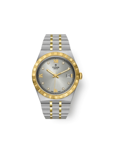 Montre Tudor Royal automatique cadran argenté index diamants bracelet en acier et or jaune 18 carats 38 mm
