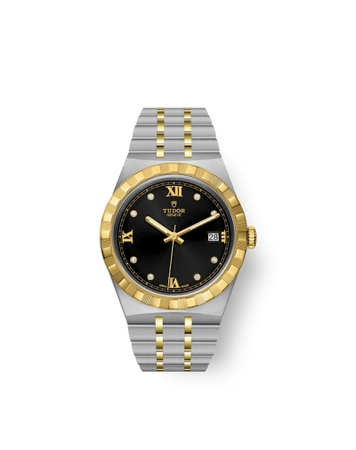 Montre Tudor Royal automatique cadran noir index diamants bracelet en acier et or jaune 18 carats 38 mm