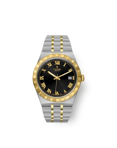 Montre Tudor Royal automatique cadran noir bracelet en acier et or jaune 18 carats 38 mm