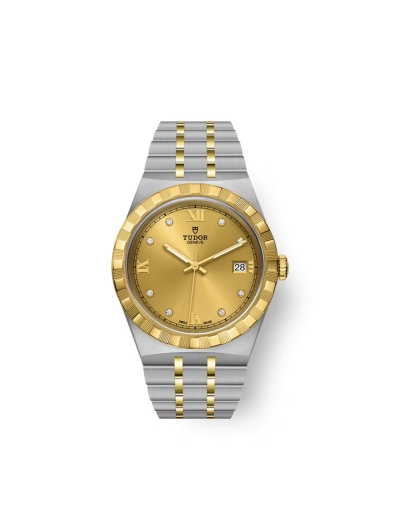 Montre Tudor Royal automatique cadran champagne index diamants bracelet en acier et or jaune 18 carats 38 mm