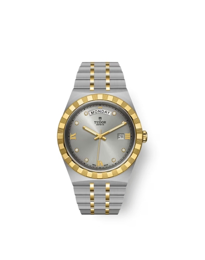 Montre Tudor Royal automatique cadran argenté index diamants bracelet en acier et or jaune 18 carats 41 mm