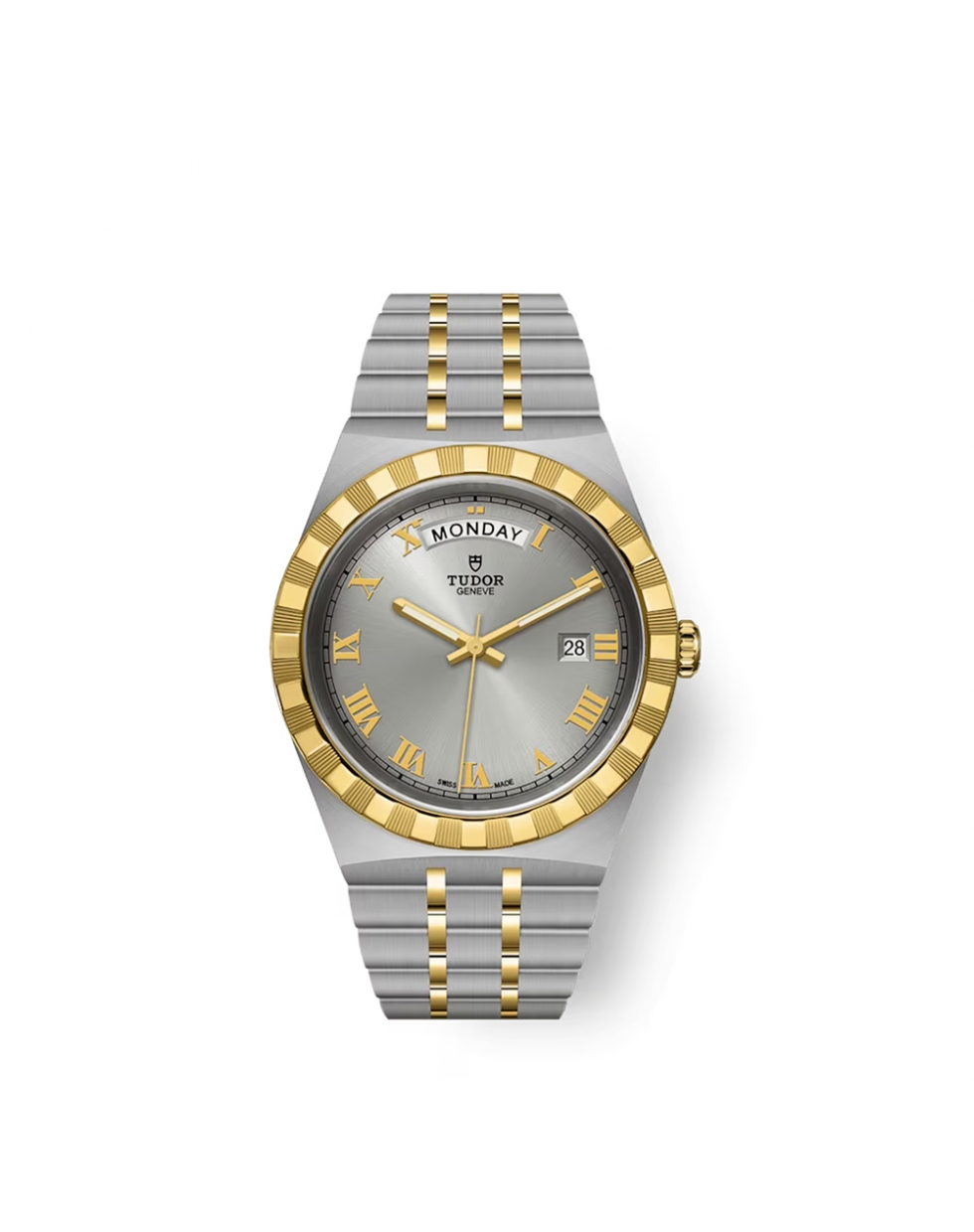 Montre Tudor Royal automatique cadran argenté bracelet en or jaune 18 carats 41 mm