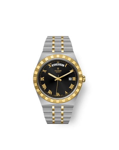Montre Tudor Royal automatique cadran noir bracelet en or jaune 18 carats 41 mm