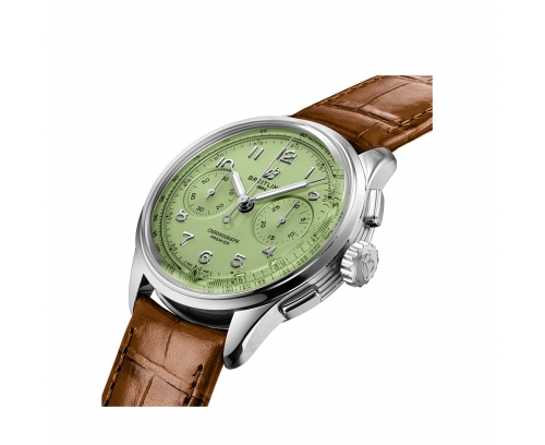 Montre Breitling Premier B09 Chronograph manuel cadran vert pistache bracelet en cuir d'alligator marron doré 40 mm