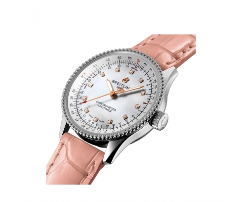 Montre Breitling Navitimer Automatic cadran nacre index diamants bracelet en cuir d’alligator rose 35 mm