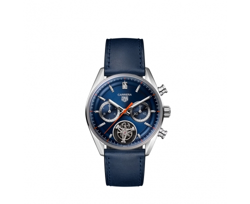 Montre TAG Heuer Carrera Chronograph Tourbillon automatique cadran bleu bracelet en cuir bleu 42 mm