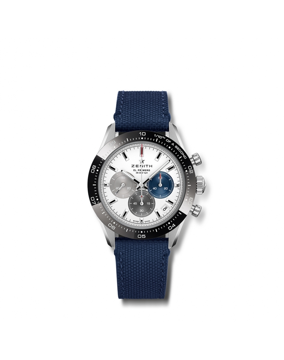 Montre Zenith Chronomaster Sport automatique cadran blanc mat bracelet caoutchouc bleu 41 mm