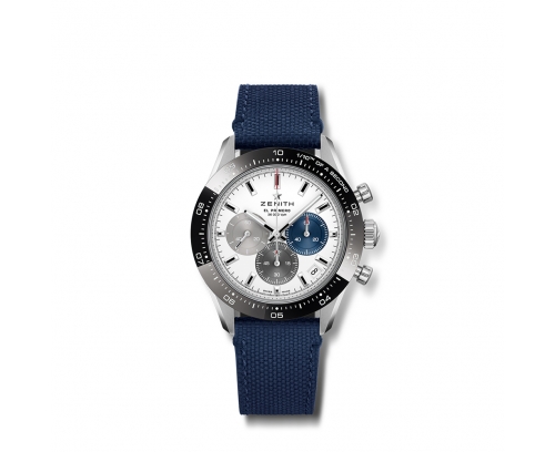 Montre Zenith Chronomaster Sport automatique cadran blanc mat bracelet caoutchouc bleu 41 mm