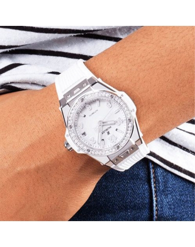 Montre Hublot Big Bang One Click Steel White Diamonds automatique cadran blanc mat bracelet caoutchouc blanc 39 mm