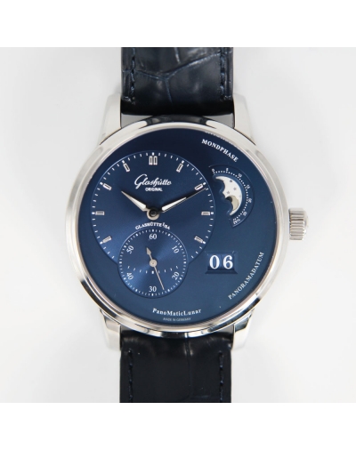 Montre Glashutte PanoMaticLunar phase de lune automatique cadran bleu bracelet cuir d'alligator bleu 40 mm