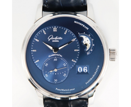 Montre Glashutte PanoMaticLunar phase de lune automatique cadran bleu bracelet cuir d'alligator bleu 40 mm