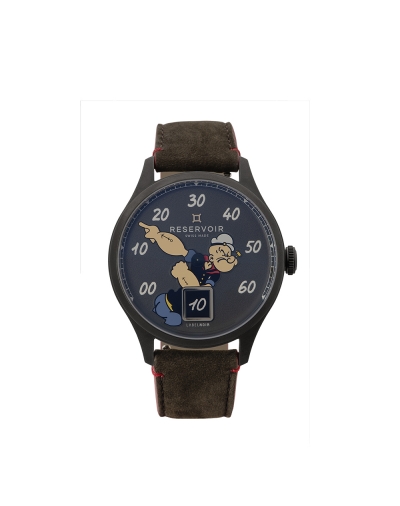 Montre Reservoir x Labelnoir x Popeye automatique cadran gris avec motif bracelet en cuir nubuck gris taupe 41,5 mm