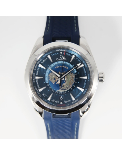Montre Omega Seamaster Aqua Terra GMT Worldtimer automatique acier cadran bleu bracelet acier 43mm