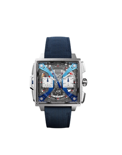 Montre TAG Heuer Monaco Split-Seconds Chronograph automatique cadran opalin bracelet en cuir bleu 39 mm