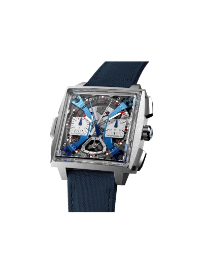 Montre TAG Heuer Monaco Split-Seconds Chronograph automatique cadran opalin bracelet en cuir bleu 39 mm