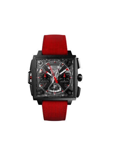 Montre TAG Heuer Monaco Split-Seconds Chronograph automatique cadran opalin bracelet en cuir rouge 41 mm