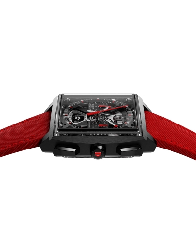 Montre TAG Heuer Monaco Split-Seconds Chronograph automatique cadran opalin bracelet en cuir rouge 39 mm