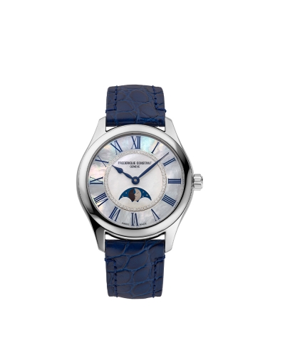 Montre Frederique Constant Classics Elegance Luna automatique cadran en nacre blanche bracelet en cuir de veau bleu 36mm