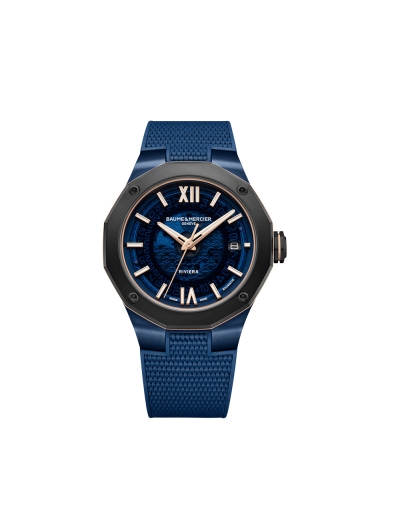 Montre Baume & Mercier Riviera automatique cadran saphir bleu bracelet caoutchouc bleu 42 mm