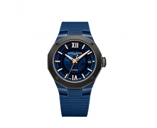 Montre Baume & Mercier Riviera automatique cadran saphir bleu bracelet caoutchouc bleu 42 mm