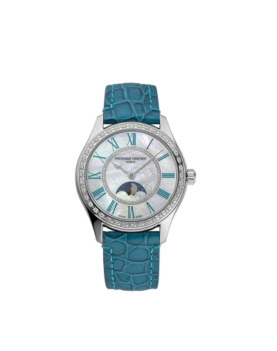 Montre Frederique Constant Classics Elegance Luna automatique cadran en nacre blanche bracelet en cuir de veau bleu clair 36mm