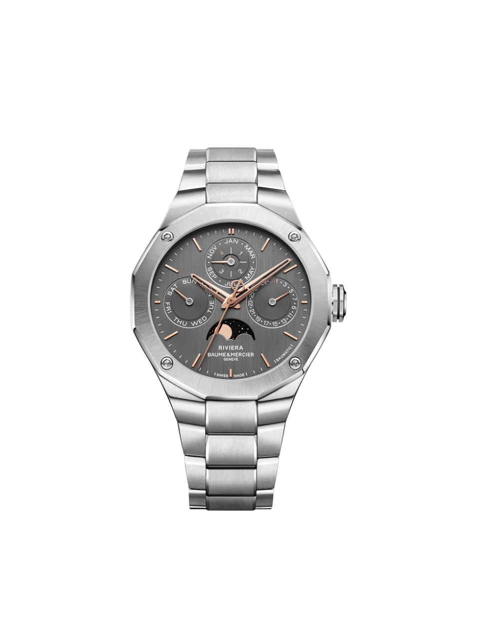 Montre Baume & Mercier Riviera Calendrier Perpétuel automatique cadran gris bracelet acier 40 mm