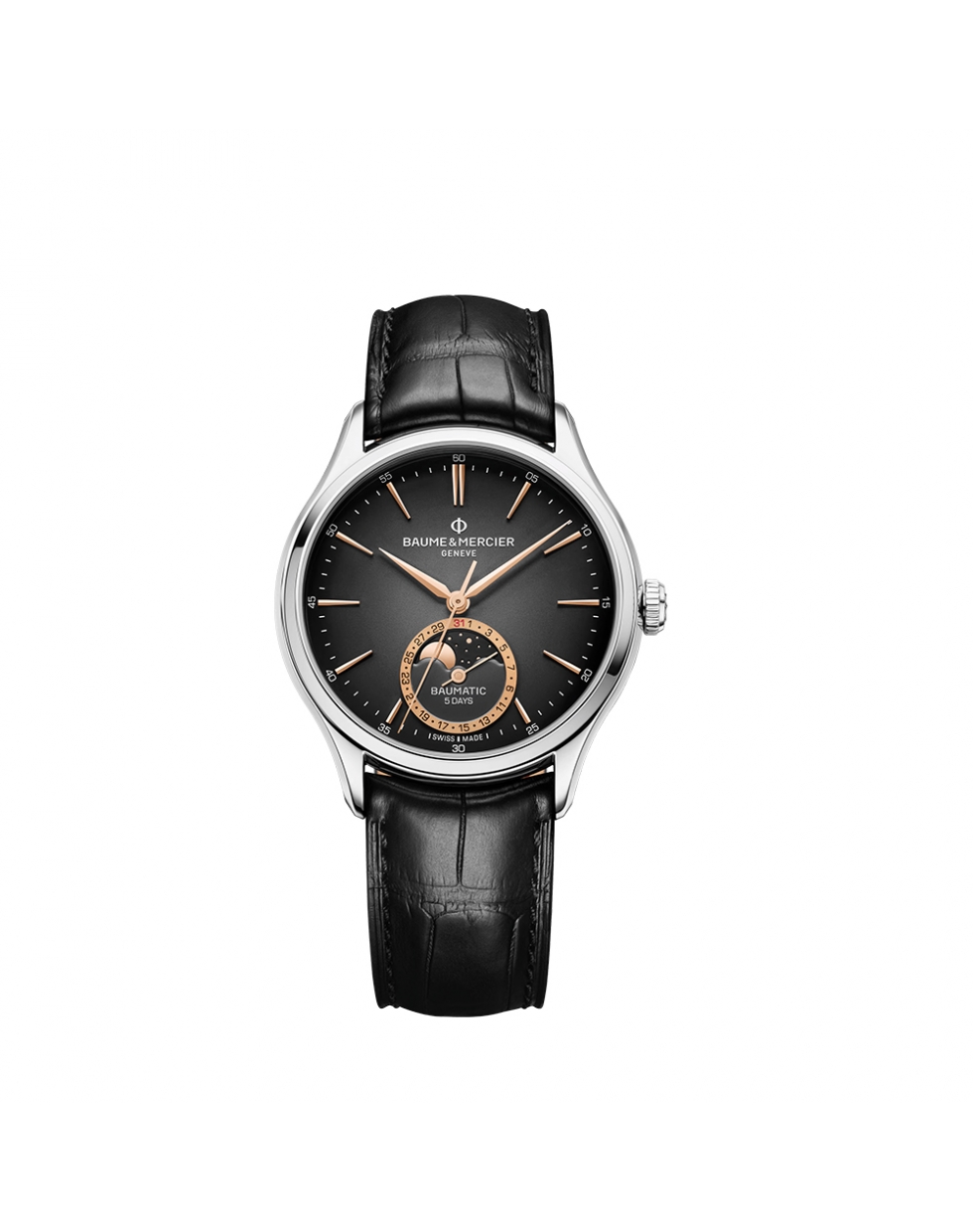 Montre Baume & Mercier Clifton automatique phase de lune date cadran gris bracelet cuir noir 39 mm