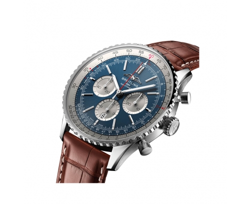 Montre Breitling Navitimer automatique B01 Chronographe cadran bleu bracelet cuir brun 46 mm