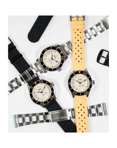 Montre Eska Amphibian 250 White Shark boîtier en acier, 40 mm, bracelet tropic de couleur sable