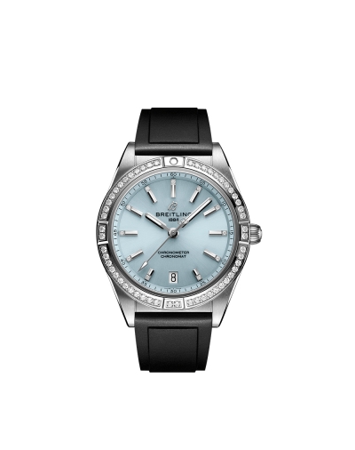 Montre Breitling Chronomat automatique cadran bleu glacier index diamants bracelet caoutchouc noir 36 mm