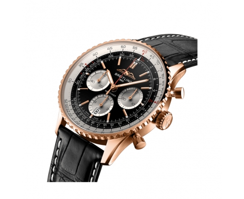 Montre Breitling Navitimer automatique chronographe or rouge cadran noir bracelet cuir noir 43 mm