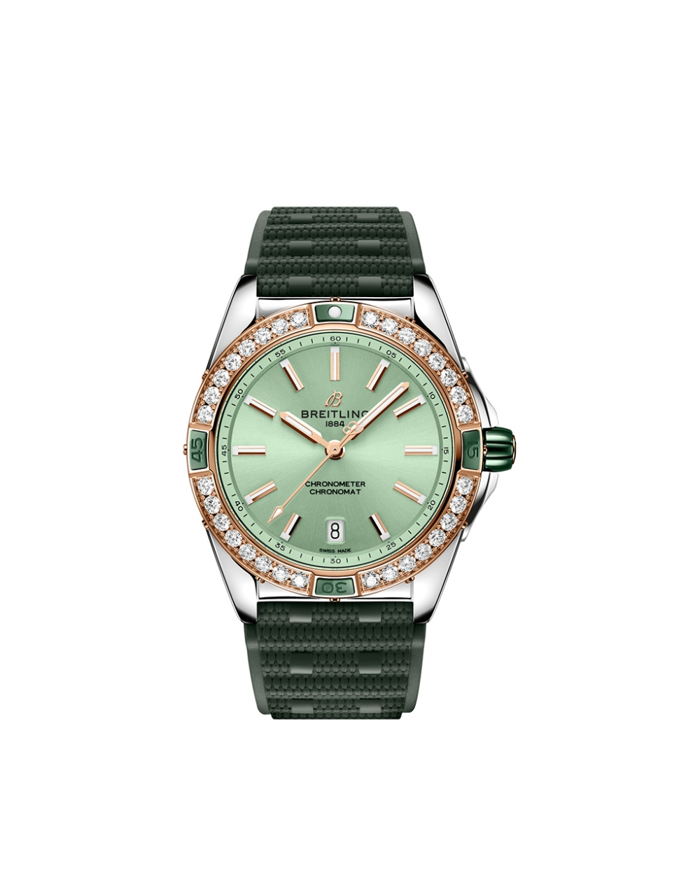 Montre Breitling Super Chronomat automatique lunette sertie cadran vert bracelet caoutchouc vert 38 mm