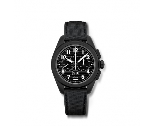 Montre Zenith Pilot Big Date Flyback automatique cadran céramique mate bracelet caoutchouc noir effet cordura noir 42,5mm