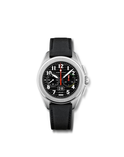 Montre Zenith Pilot Big Date Flyback automatique cadran noir bracelet effet cordura 42,5 mm