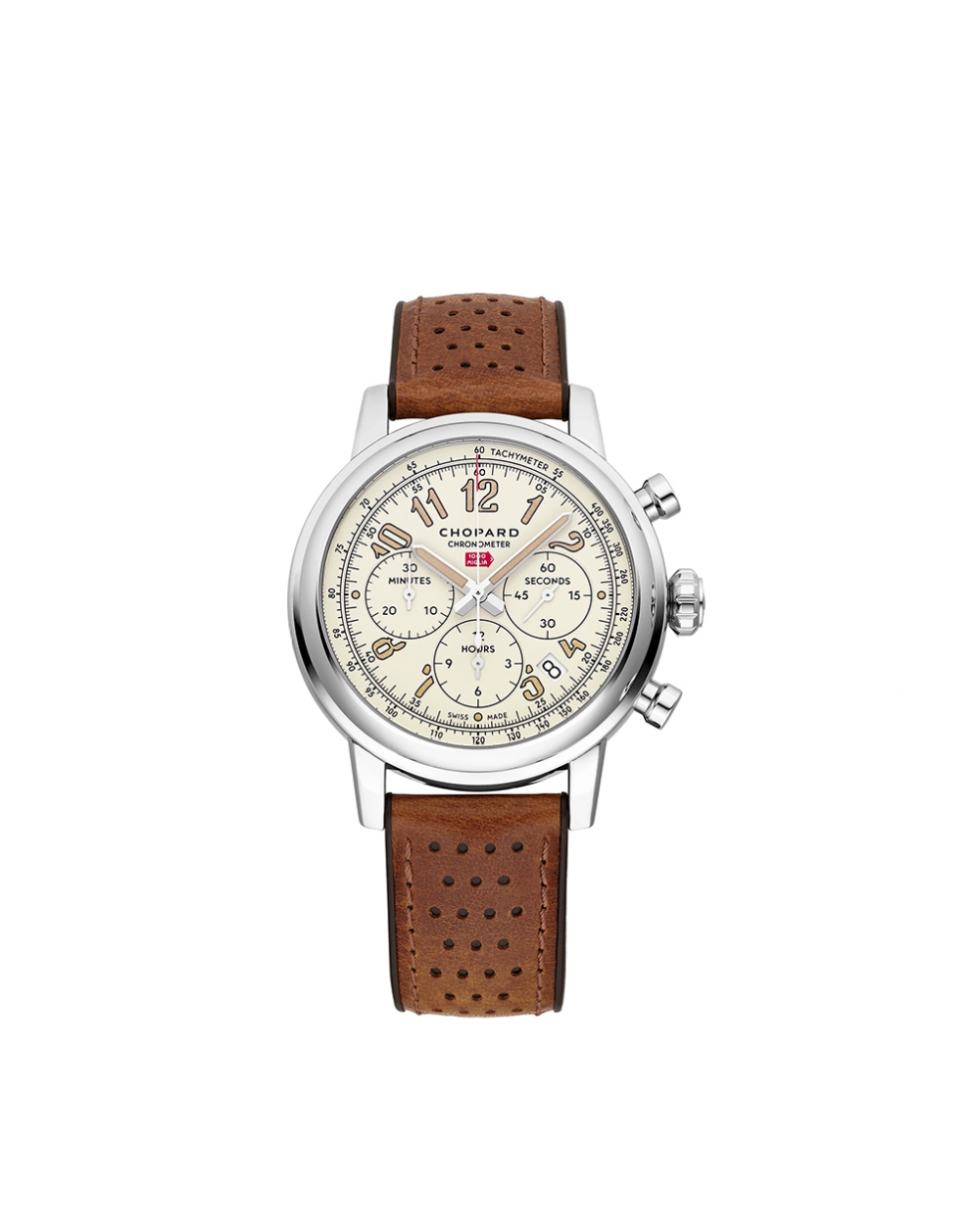 Montre Chopard Mille Miglia Classic Chronograph Raticosa automatique cadran blanc bracelet brun cuir de veau 42 mm