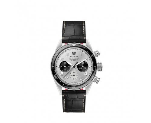 Montre TAG Heuer Autavia Chronometer Flyback automatique cadran argent bracelet cuir d'alligator noir 42 mm