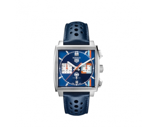 Montre TAG Heuer Monaco Gulf Édition Spéciale automatique cadran bleu bracelet cuir bleu 39 mm