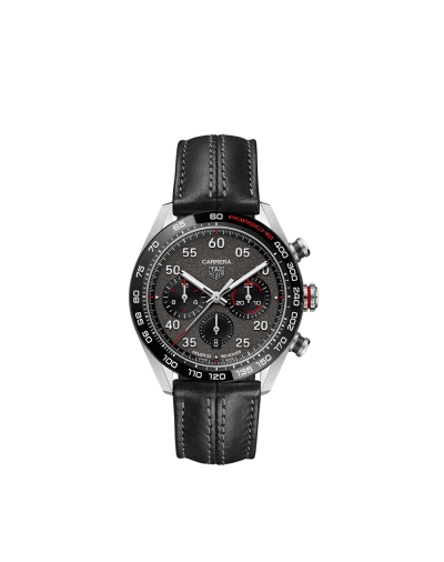 Montre TAG Heuer Carrera Porsche Chronographe Édition Spéciale automatique cadran gris bracelet cuir noir 44 mm