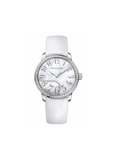 Montre Ulysse Nardin Classico Jade automatique cadran nacre blanc lunette sertie diamants bracelet blanc cuir d'alligator 37 mm