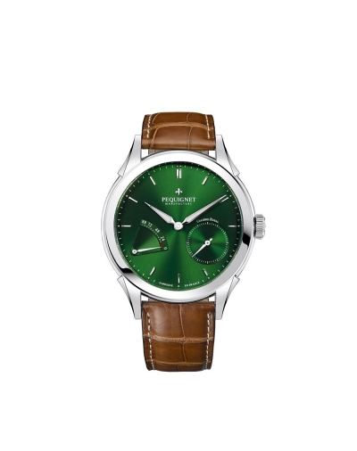 Montre Pequignet Rue Royale automatique cadran vert bracelet en cuir d'alligator gold foncé 42 mm